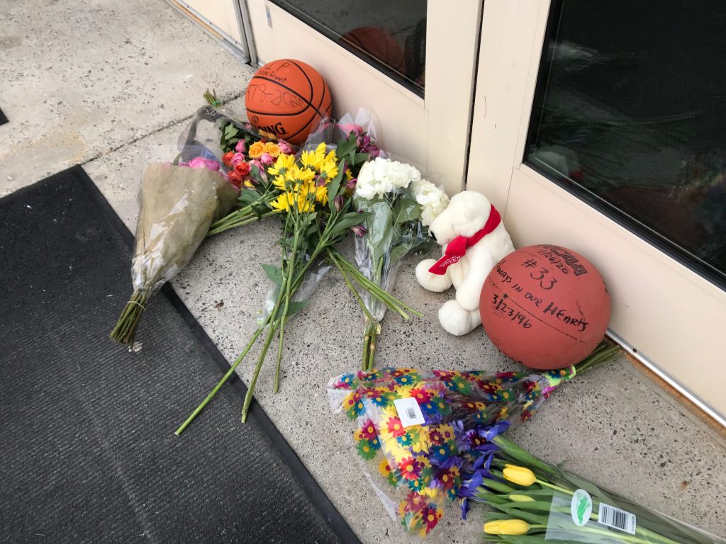 IMG_5534 Fans pay tribute in memory of Kobe Bryant at Lower Merion High School, in Ardmore, Pa. The Los Angeles Lakers superstar died on Sunday in a helicopter crash. (Jennifer Lynn/WHYY News)
