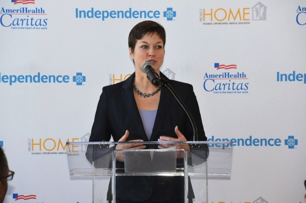 Project HOME event.Miller Teresa Miller, secretary of the Pennsylvania Department of Human Services, talks about a new program aimed at improving health in North Philadelphia, where 45% of residents in that area live at or below the poverty level. (HughE Dillon/Project Home)