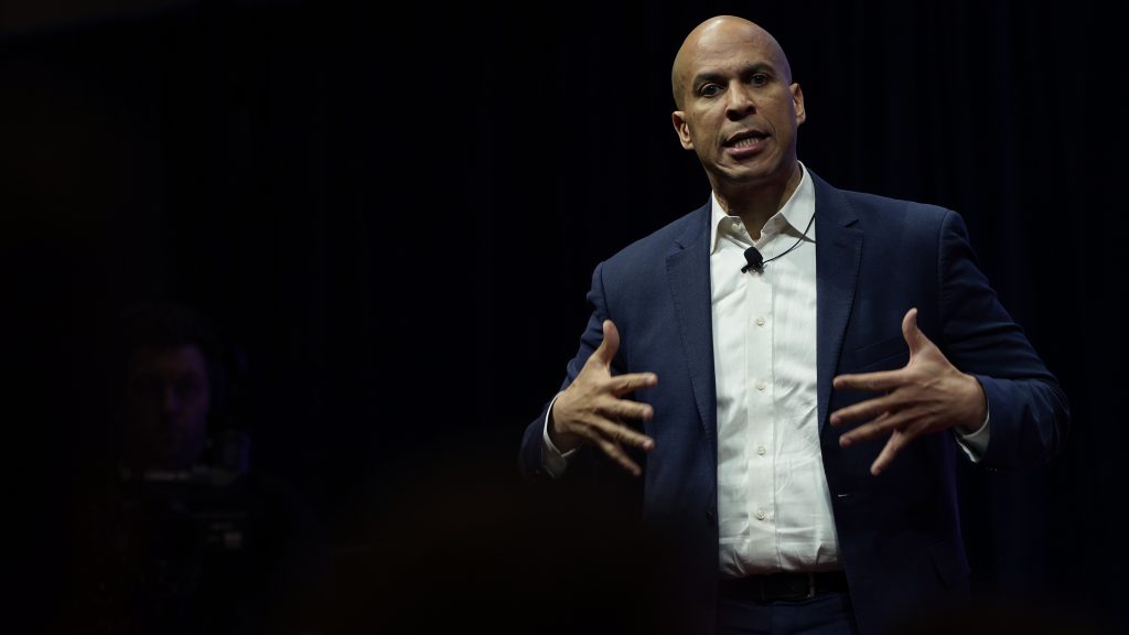 Democratic presidential candidate and New Jersey Sen. Cory Booker speaks at the Teamsters Vote 2020 Presidential Candidate Forum Dec. 7 in Cedar Rapids, Iowa. (Win McNamee/Getty Images)