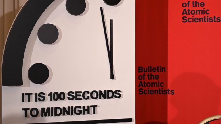 The Doomsday Clock reads 100 seconds to midnight, a decision made by the Bulletin of the Atomic Scientists that was announced Thursday. The clock is intended to represent the danger of global catastrophe. (Eva Hambach/AFP via Getty Images)