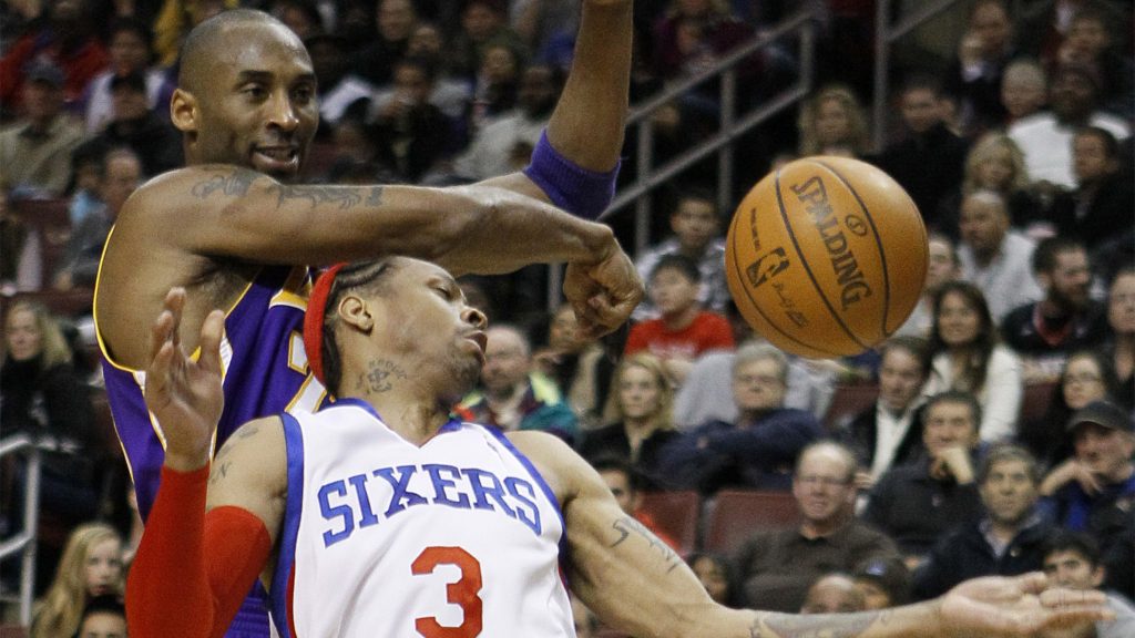 Allen Iverson, Kobe Bryant Los Angeles Lakers' Kobe Bryant, left, knocks the ball loose from Philadelphia 76ers' Allen Iverson in the second half of an NBA basketball game, Friday, Jan. 29, 2010, in Philadelphia. Los Angeles won 99-91. (AP Photo/Matt Slocum)