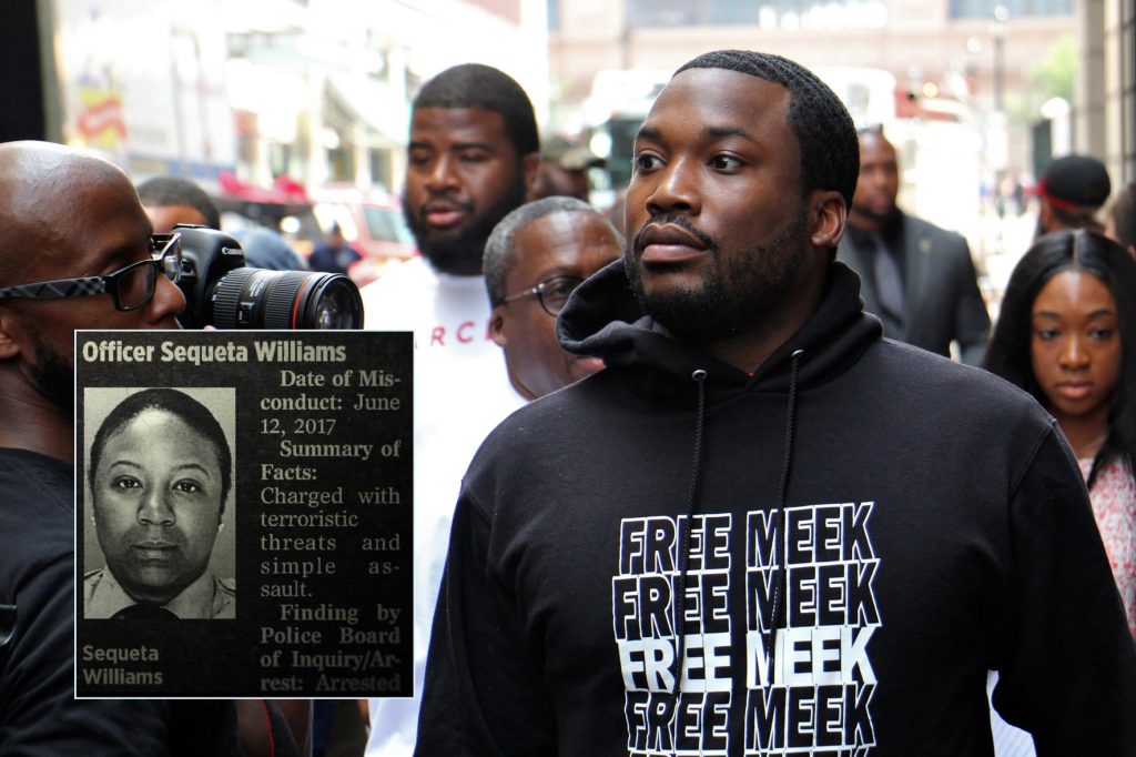 2018 06 18-e lee-meek mill-philadelphia criminal justice center- Rapper Meek Mill arrives at the Juanita Kidd Stout Center for Criminal Justice for a hearing. Hundreds of supporters filled the street outside the courthouse. (Inset: Screenshot from 'Free Meek' documentary on Amazon) (Emma Lee/WHYY)