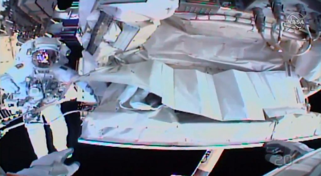 This photo provided by NASA shows the view from NASA’s Andrew Morgan’s helmet cam as Italian astronaut Luca Parmitano works outside the International Space Station during a spacewalk Saturday. This photo provided by NASA shows the view from NASA's Andrew Morgan's helmet cam as Italian astronaut Luca Parmitano works outside the International Space Station during a spacewalk Saturday. (AP Photo)