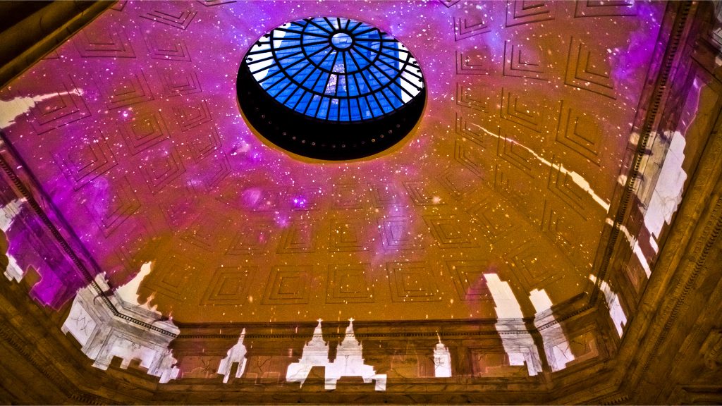 ritzcarlton-dome-lightshow-01crop Skylines, including that of Moscow’s, are part of the new light show in the Ritz-Carlton lobby (Kimberly Paynter/WHYY)