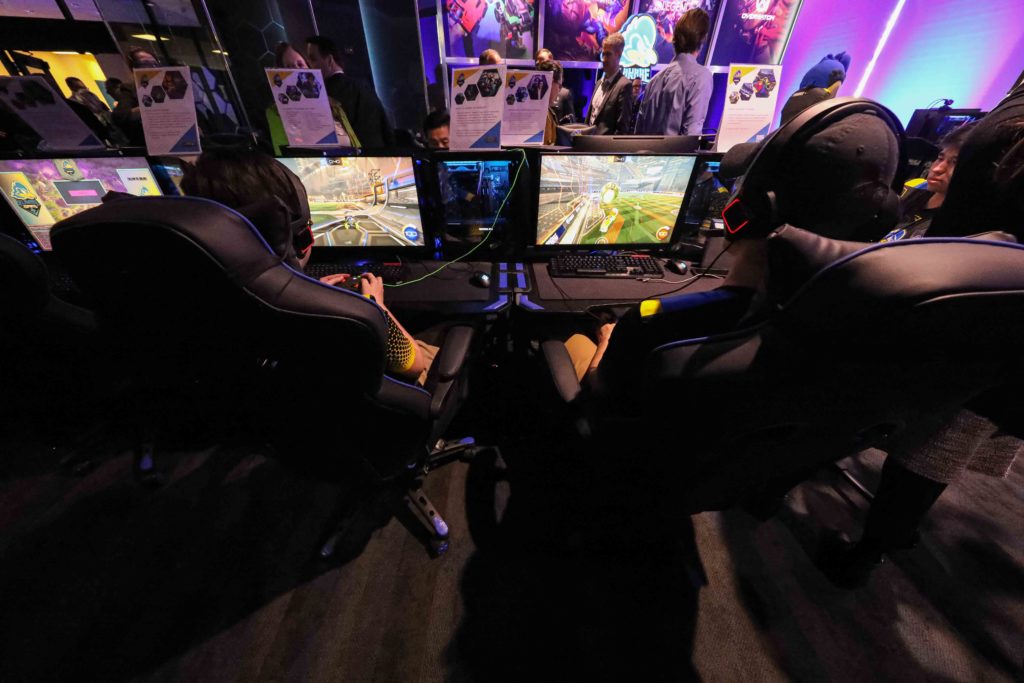 News 2020 – FEB 21 – The University of Delaware opens it’s first esports arena Two players are seen from behind their chairs at an esports arena