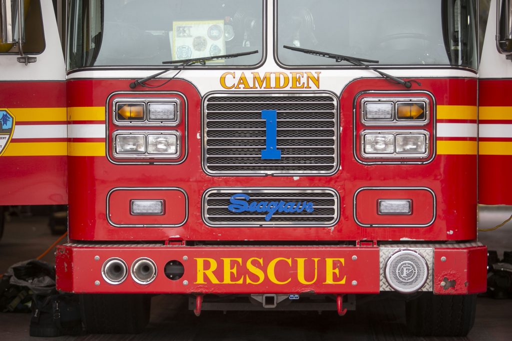 A fire truck is parked inside Liberty Fire Station on Broadway in Camden, NJ on Thursday, February 6, 2020. (Miguel Martinez for WHYY)
