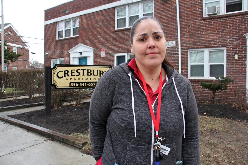 2020 02 10-e lee-janella pascal-camden crestbury apartments-sewage problems Janella Pascal is moving out of Crestbury Apartments. She has complained about sewage bubbling up in the courtyard near her unit, but 'they don't do anything.' (Emma Lee/WHYY)