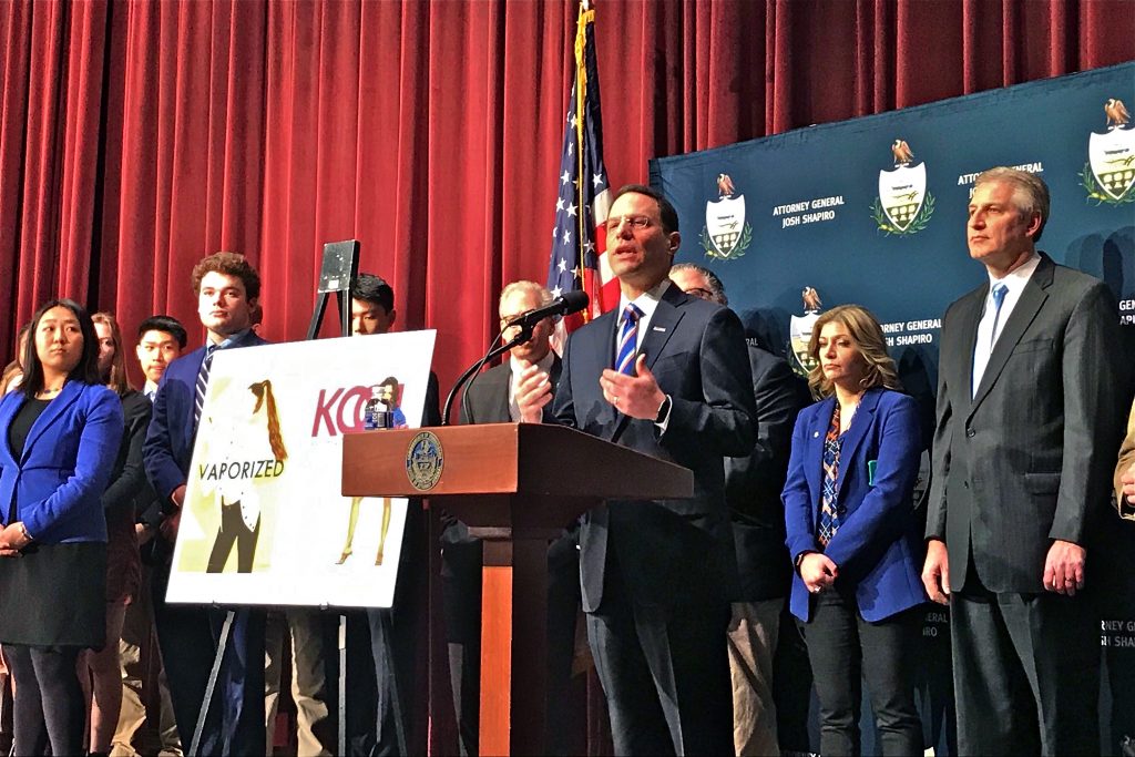 Pennsylvania Attorney General Josh Shapiro announces a major lawsuit against vaping company Juul at Radnor High School in Wayne, Pa. (Laura Benshoff/WHYY)