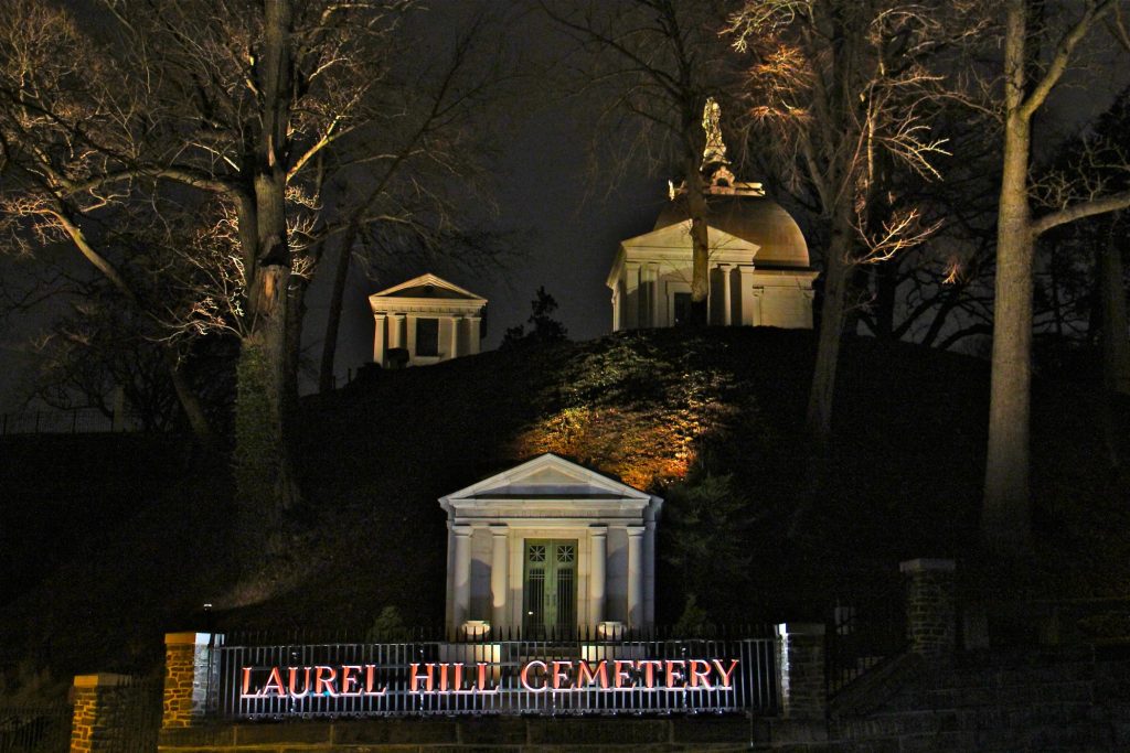 2020 02 12-e lee-philadelphia laurel hill cemetery-illumination project A new project highlights the architecture and landscape of Laurel Hill Cemetery with nightly illumination. (Emma Lee/WHYY)