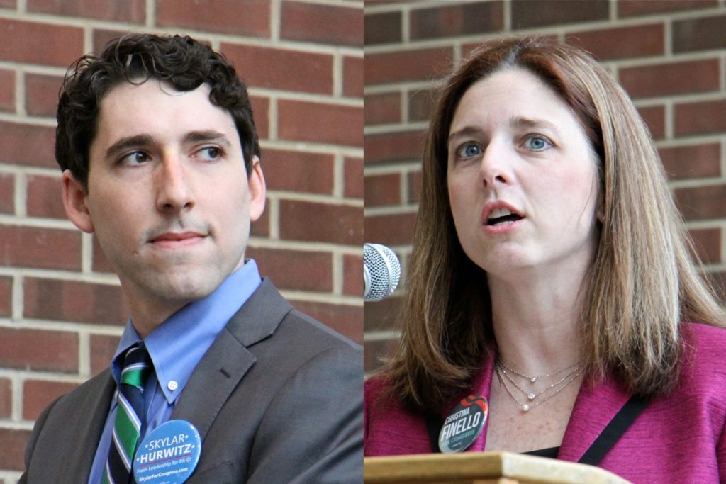 2020 02 25-e lee-skylar hurwitz christina finello-bristol bucks county college-congressional debate 1st district Democratic candidates for congress in Pennsylvania's 1st Congressional District, Skylar Hurwitz (left) and Christina Finello, debate at Bucks County Community College in Bristol. (Emma Lee/WHYY)