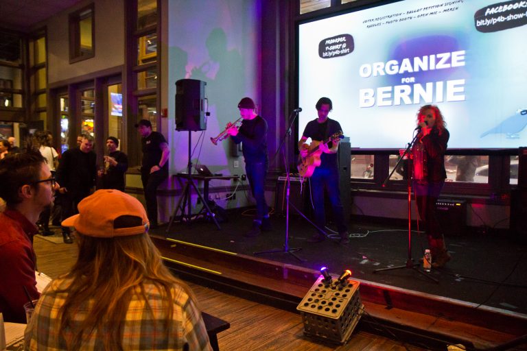 Local band Upholstery performs at the Philly for Bernie Variety Show fundraiser. (Kimberly Paynter/WHYY)