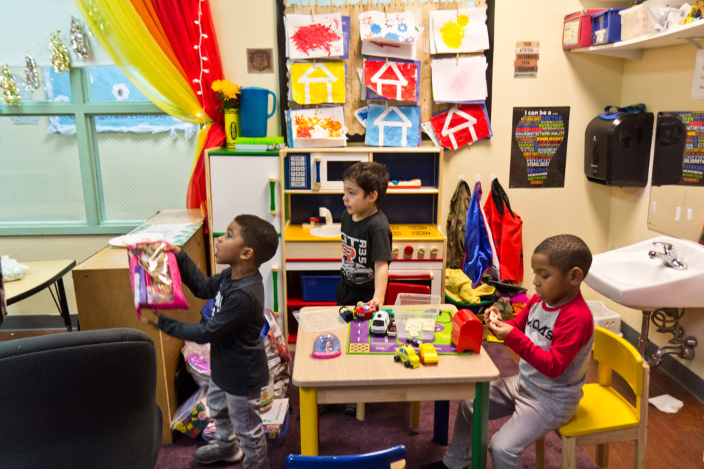 2020 2 19 k paynter SPIN autism support-5 Kids in SPIN’s autism support preschool classroom do “center time” where they do independent activities related to their lessons. (Kimberly Paynter/WHYY)