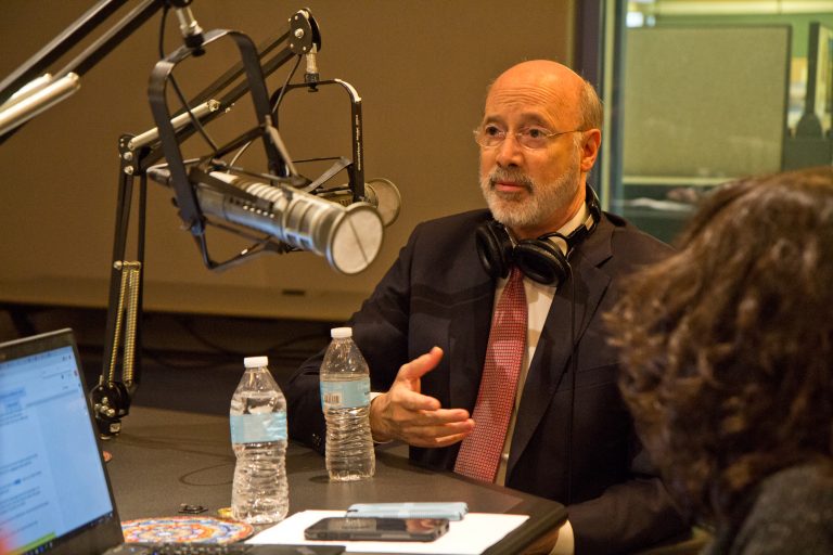 Pennsylvania Gov. Tom Wolf talks to Keystone Crossroads staff at WHYY in Philadelphia. (Kimberly Paynter/WHYY)