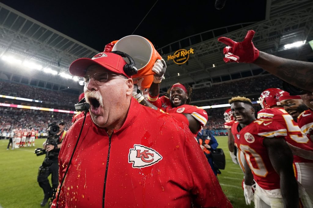 Andy Reid Kansas City Chiefs head coach Andy Reid reacts after being doused during the second half of the NFL Super Bowl 54 football game against the San Francisco 49ers Sunday, Feb. 2, 2020, in Miami Gardens, Fla. (AP Photo/David J. Phillip)