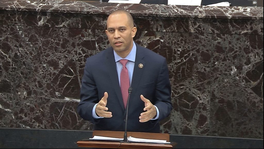Trump Impeachment In this image from video, House impeachment manager Rep. Hakeem Jeffries, D-N.Y., speaks during closing arguments in the impeachment trial against President Donald Trump in the Senate at the U.S. Capitol in Washington, Monday, Feb. 3, 2020. (Senate Television via AP)