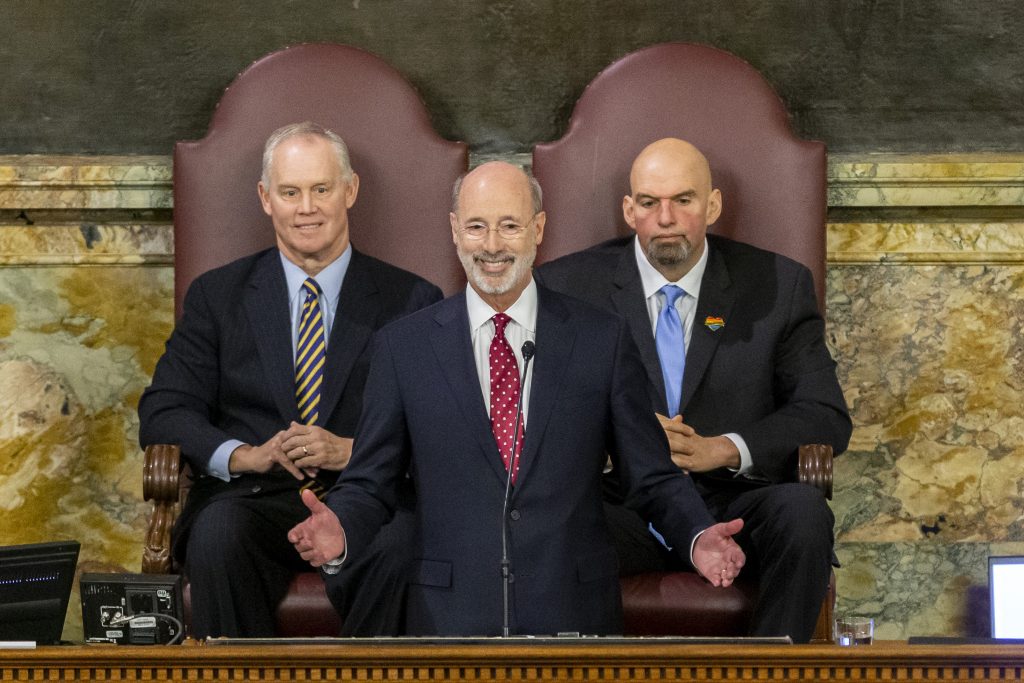 Mike Turzai, Tom Wolf, John Fetterman Pennsylvania Gov. Tom Wolf delivers his 2020-21 budget address in the House of Representatives as Speaker Mike Turzai, left, and Lt. Gov. John Fetterman look on, Tuesday, Feb. 4, 2020, in Harrisburg, Pa. (Joe Hermitt/PennLive/The Patriot-News via AP)