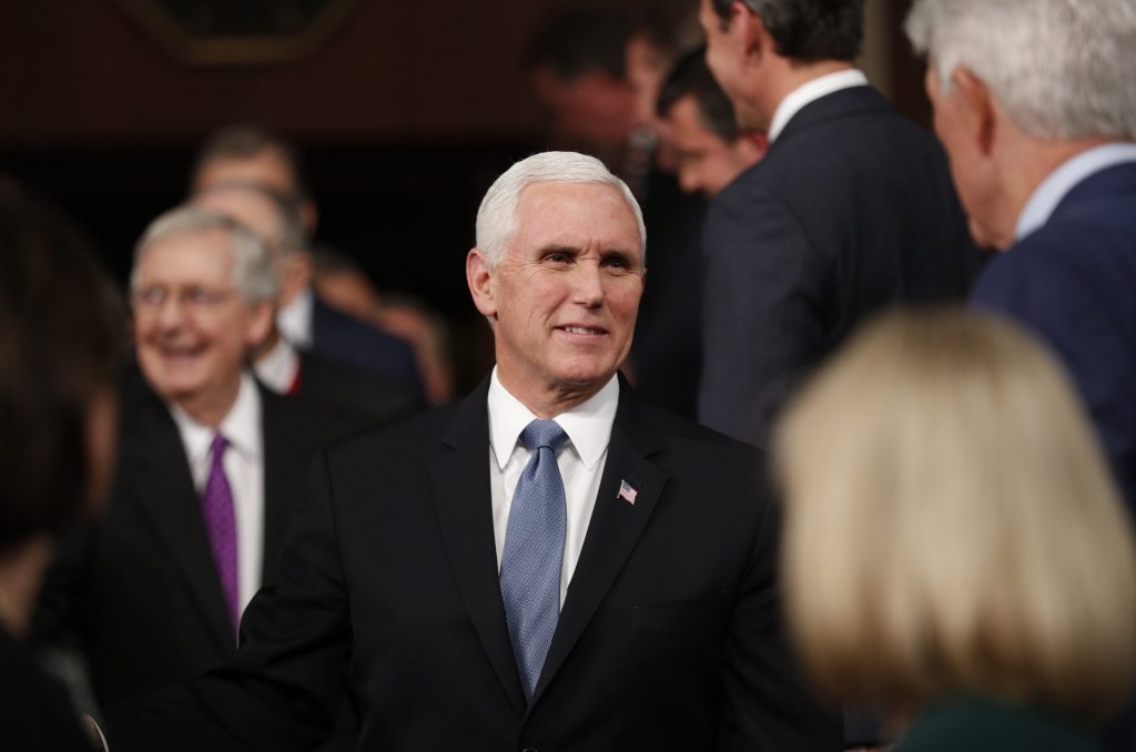 AP_20036064552267-1920×1271 Vice President Mike Pence, center, arrives with Senate Majority Leader Mitch McConnell of Ky., left, before President Donald Trump arrives to deliver his State of the Union address to a joint session of Congress in the House Chamber on Capitol Hill in Washington, Tuesday, Feb. 4, 2020. (Leah Millis/Pool via AP)