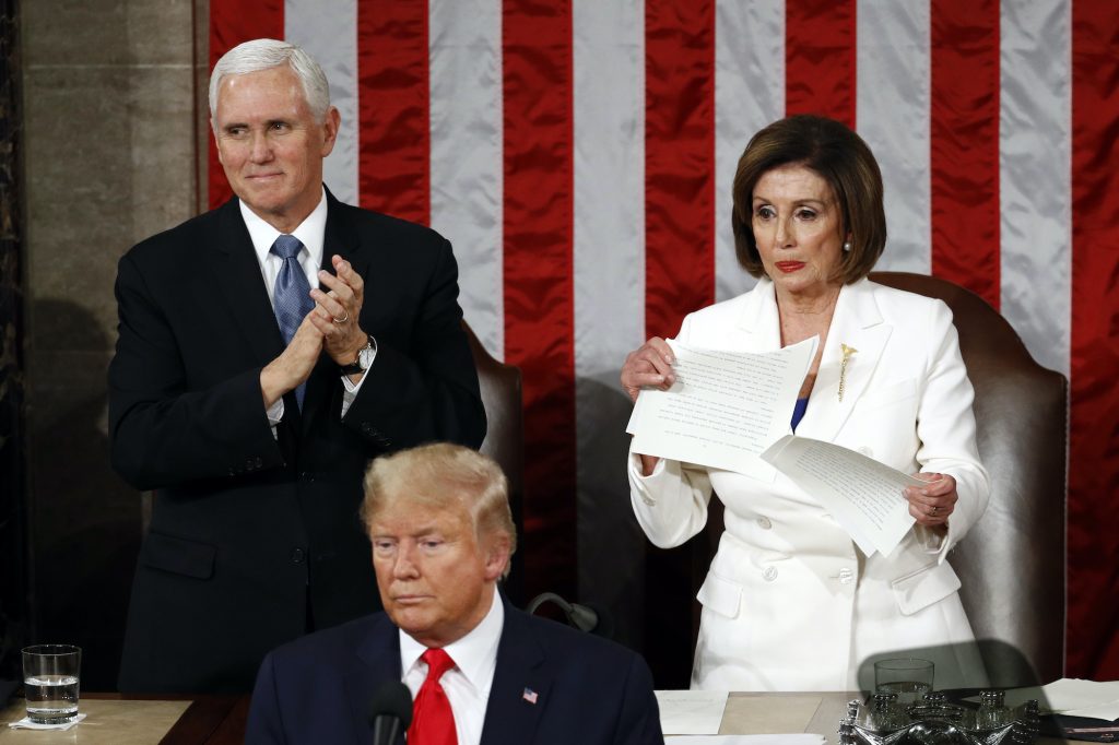 APTOPIX State of the Union House Speaker Nancy Pelosi of Calif., tears her copy of President Donald Trump's s State of the Union address after he delivered it to a joint session of Congress on Capitol Hill in Washington, Tuesday, Feb. 4, 2020. Vice President Mike Pence is at left. (Patrick Semansky/AP Photo)
