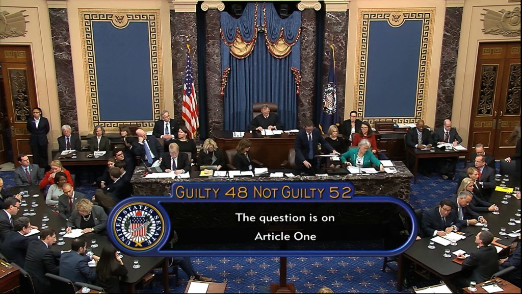 Trump Impeachment In this image from video, the vote total, 52-48 for not guilty, on the first article of impeachment, abuse of power, is displayed on screen during the impeachment trial against President Donald Trump in the Senate at the U.S. Capitol in Washington, Wednesday, Feb. 5, 2020. (Senate Television via AP)
