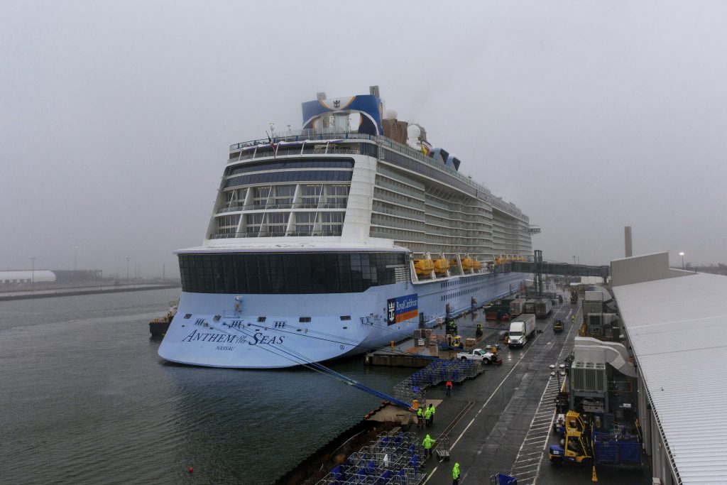China Outbreak New York The cruise ship Anthem of the Seas is docked at the Cape Liberty Cruise Port on Friday, Feb. 7, 2020, in Bayonne, N.J. Four passengers were screened for coronavirus and tested negative. (AP Photo/Kevin Hagen)