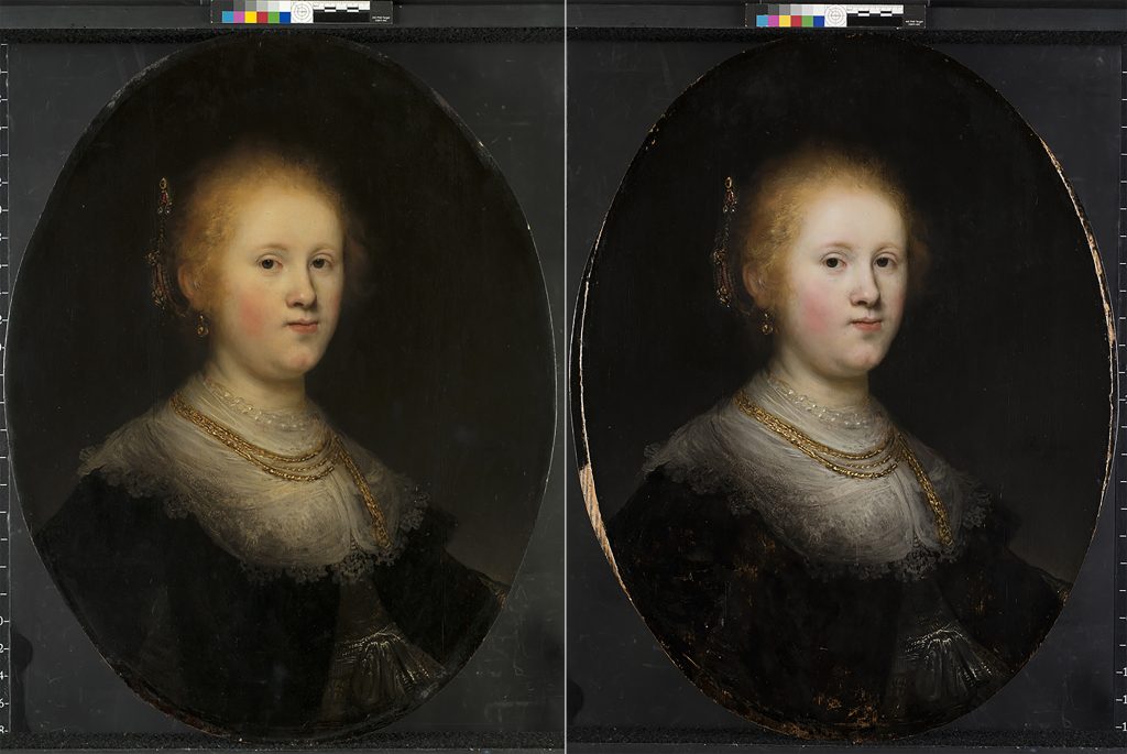 Real Rembrandt This photo combo provided by Allentown Art Museum shows from left, before and after restoration of a painting called