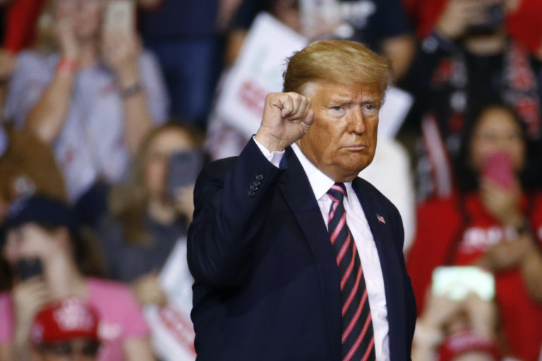 President Donald Trump gestures as he walks offstage after speaking at a campaign rally, Friday, Feb. 21, 2020, in Las Vegas. (Patrick Semansky/AP Photo)
