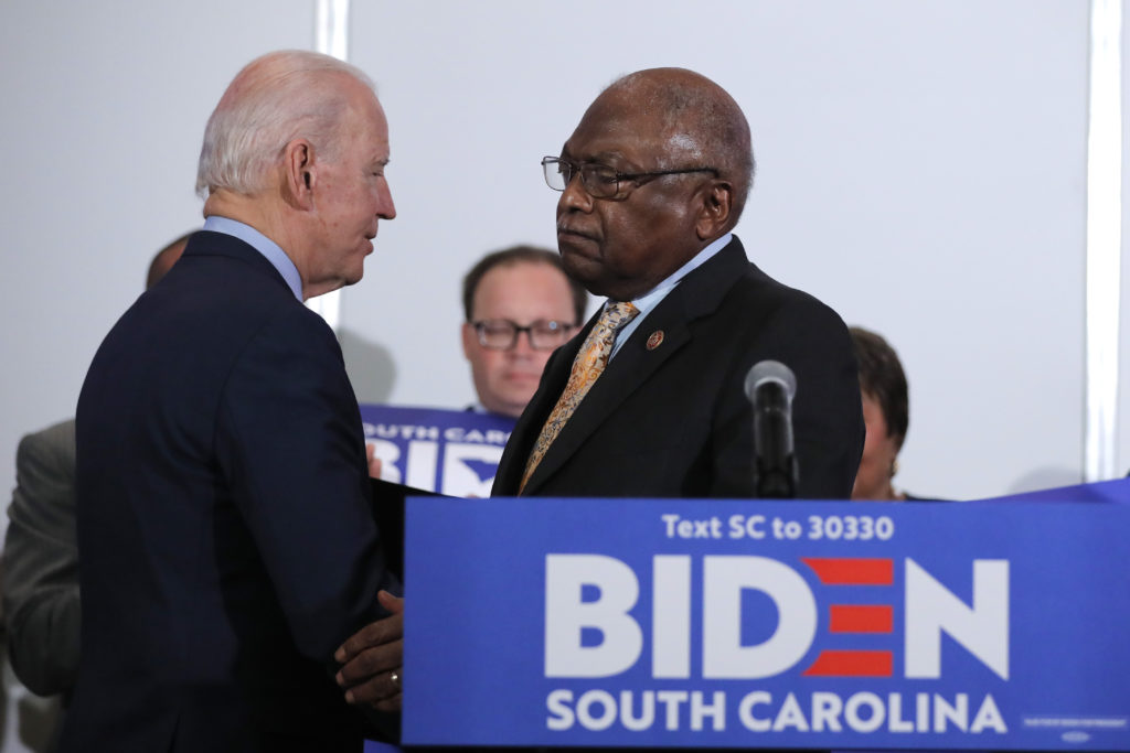 Joe Biden, Jim Clyburn House Majority Whip, Rep. Jim Clyburn, D-S.C., greets Democratic presidential candidate former Vice President Joe Biden as he endorses him in North Charleston, S.C., Wednesday, Feb. 26, 2020. (AP Photo/Gerald Herbert)
