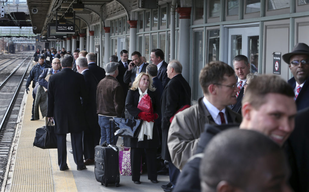 Washington Lobbying Train Some of the 1,000 lobbyists, business owners and politicians gather on a platform at the Trenton train station waiting to board a train to Washington, D.C., Thursday, Feb. 16, 2017 in Trenton, N.J. The state Chamber of Commerce's 80th annual trip nicknamed the