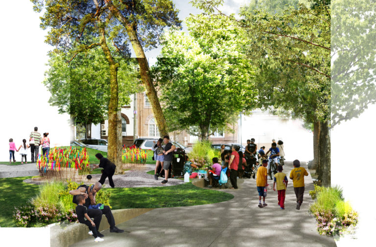 Mifflin Square neighbors have been imagining the park they want for four years. Now that dream, conceptualized in the rendering above, is being designed in partnership with the city. (Courtesy of SEAMAAC & HECTOR)