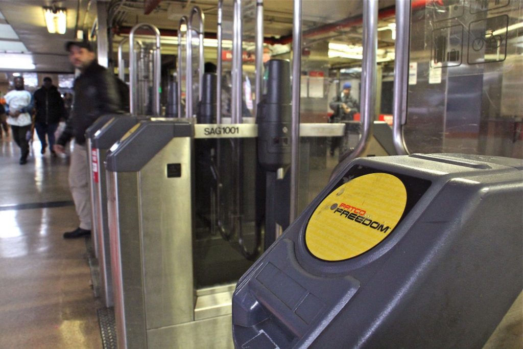2020 02 05-e lee-8th and market-patco turnstile A PATCO fare gate at the 8th and Market stop.