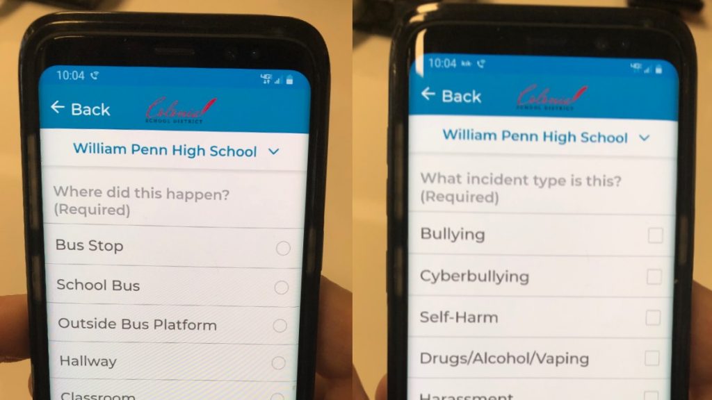 The STOPit app lets kids pinpoint the location and type of threat, such as bullying or mental health issues. (Cris Barrish/WHYY)