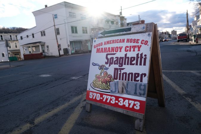 A sign for a spaghetti dinner to benefit Good American Hose Co. in Tamaqua, Pennsylvania. (Matt Smith for Keystone Crossroads)