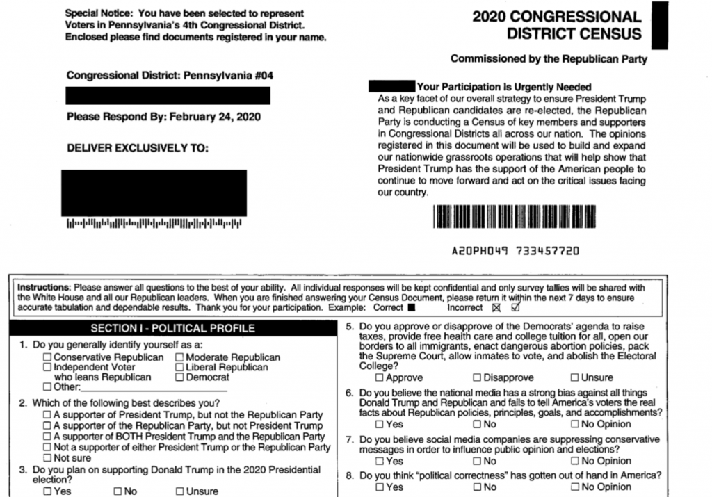 Screen Shot 2020-02-12 at 4.27.21 PM The Republican National Committee has mailed forms, called the “2020 Congressional District Census,” to selected homes in Montgomery and Berks counties in recent weeks. (provided)