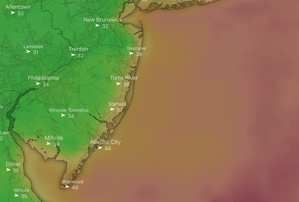 The wind gust forecast for 11 a.m. Thursday. (Windy.com screenshot)