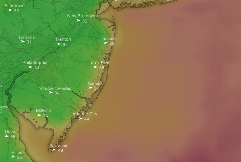 The wind gust forecast for 11 a.m. Thursday. (Windy.com screenshot)