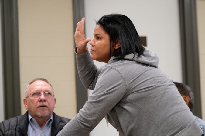 Reading resident Sonia Arias during a a landlord-tenant case in Reading, Pennsylvania. (Matt Smith for Keystone Crossroads)