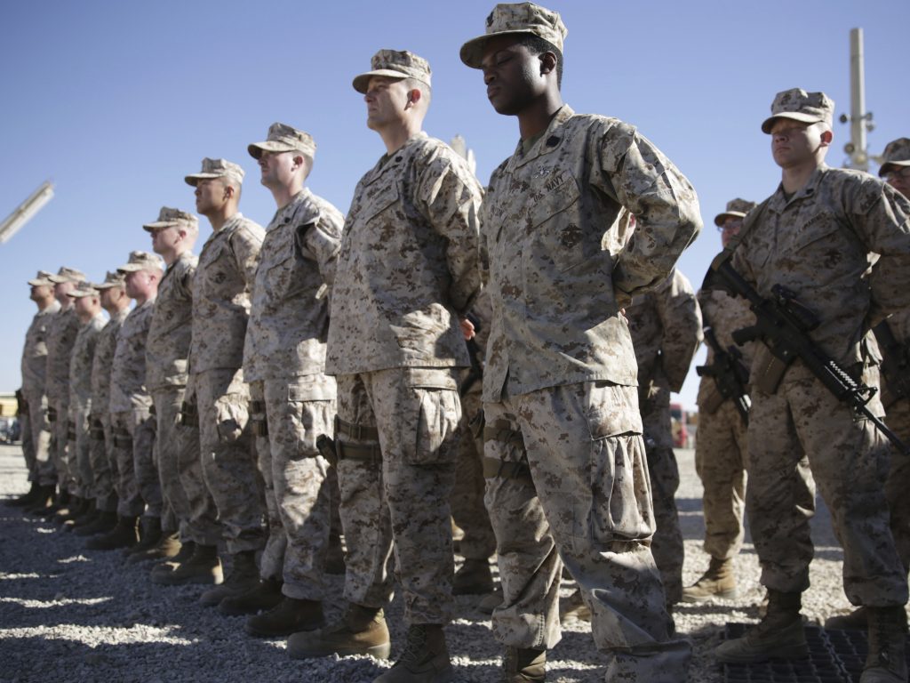 U.S. Marines stand guard during the change of command ceremony at Shorab military camp in Afghanistan’s Helmand province in January 2018. U.S. Marines stand guard during the change of command ceremony at Shorab military camp in Afghanistan's Helmand province in January 2018. (Massoud Hossaini/AP Photo)
