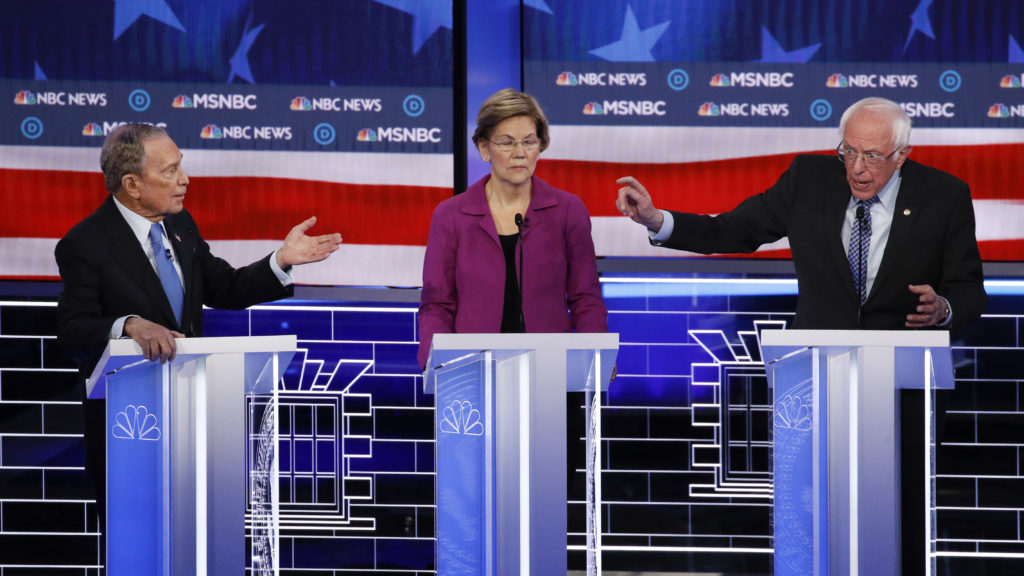 Former New York City Mayor Michael Bloomberg (left), Sen. Elizabeth Warren and Sen. Bernie Sanders participate in last week’s Democratic presidential primary debate in Las Vegas. Former New York City Mayor Michael Bloomberg (left), Sen. Elizabeth Warren and Sen. Bernie Sanders participate in last week's Democratic presidential primary debate in Las Vegas. (John Locher/AP Photo)