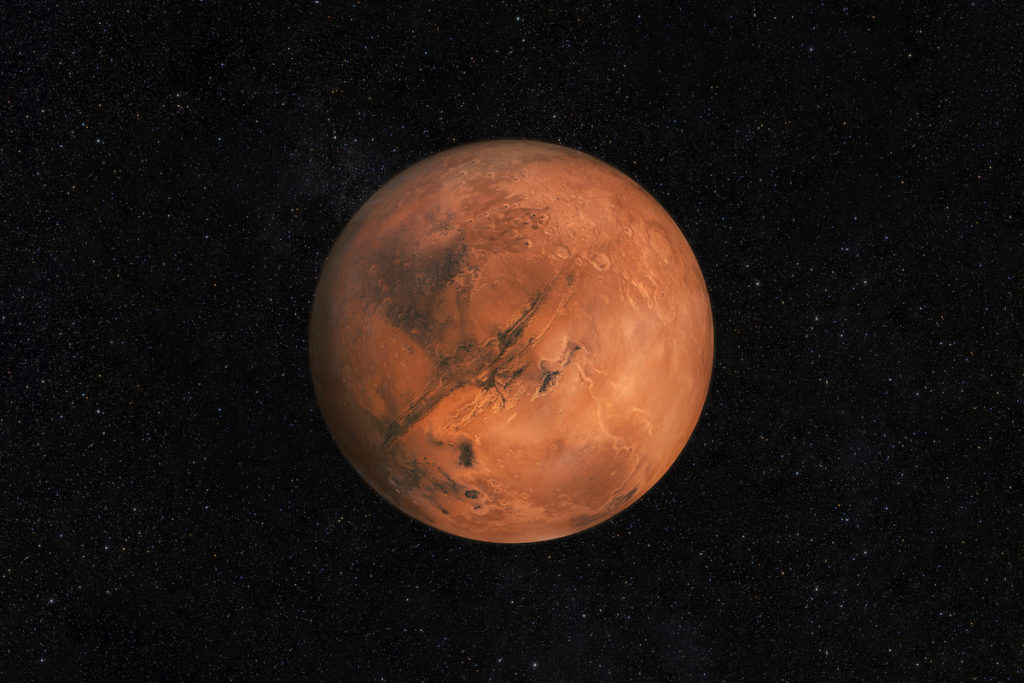 Mars Planet On A Starry Sky In Space. Travel To New Land Mars With Stars. Martian Life Bigstock/alones