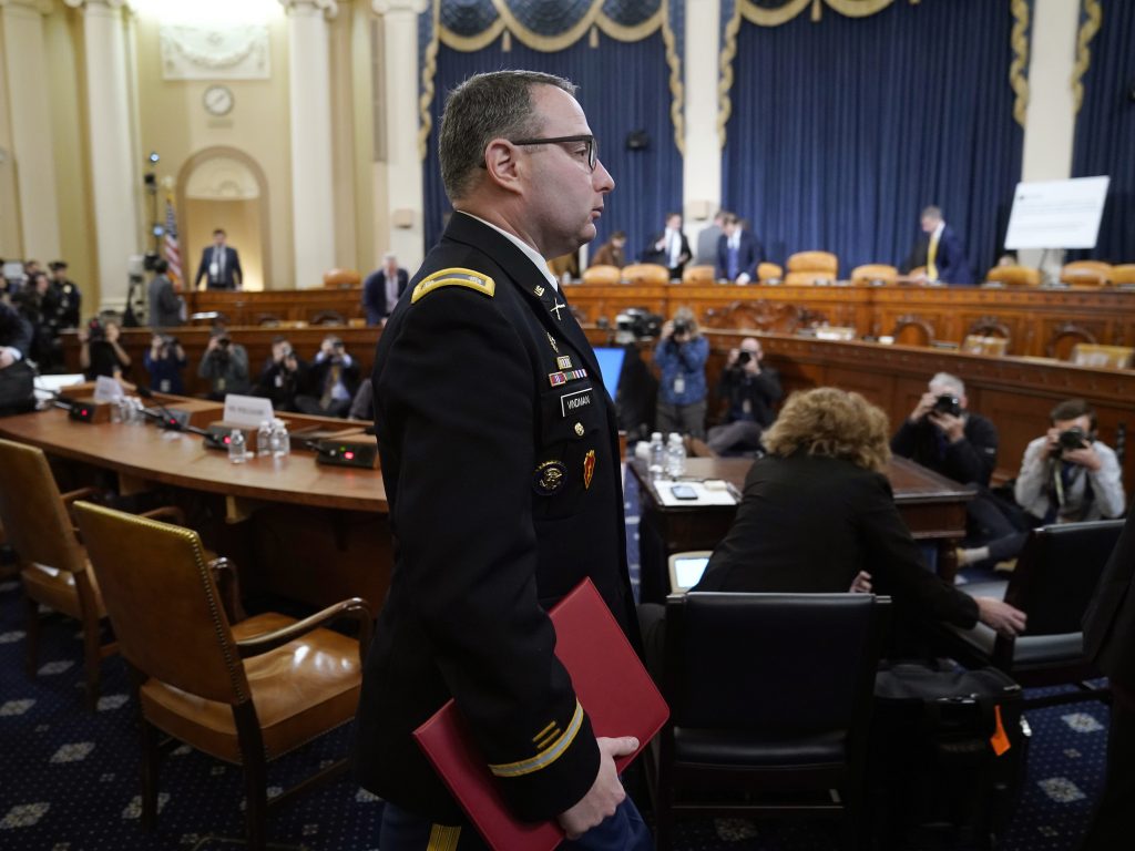 Lt. Col. Alexander Vindman, departs after testifying before the House Intelligence Committee in November 2019. Lt. Col. Alexander Vindman, departs after testifying before the House Intelligence Committee in November 2019. (Win McNamee/Getty Images)