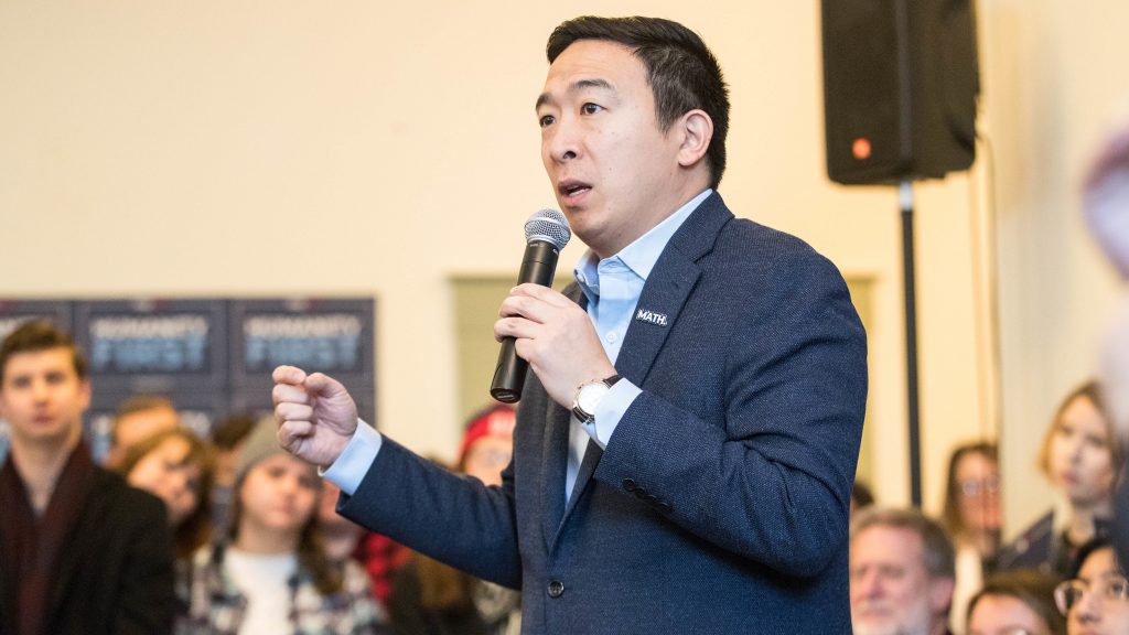 Democratic presidential candidate Andrew Yang speaks during a campaign event at Hopkinton Town Hall on Feb. 9 in Hopkinton, N.H. Democratic presidential candidate Andrew Yang speaks during a campaign event at Hopkinton Town Hall on Feb. 9 in Hopkinton, N.H. (Scott Eisen/Getty Images)