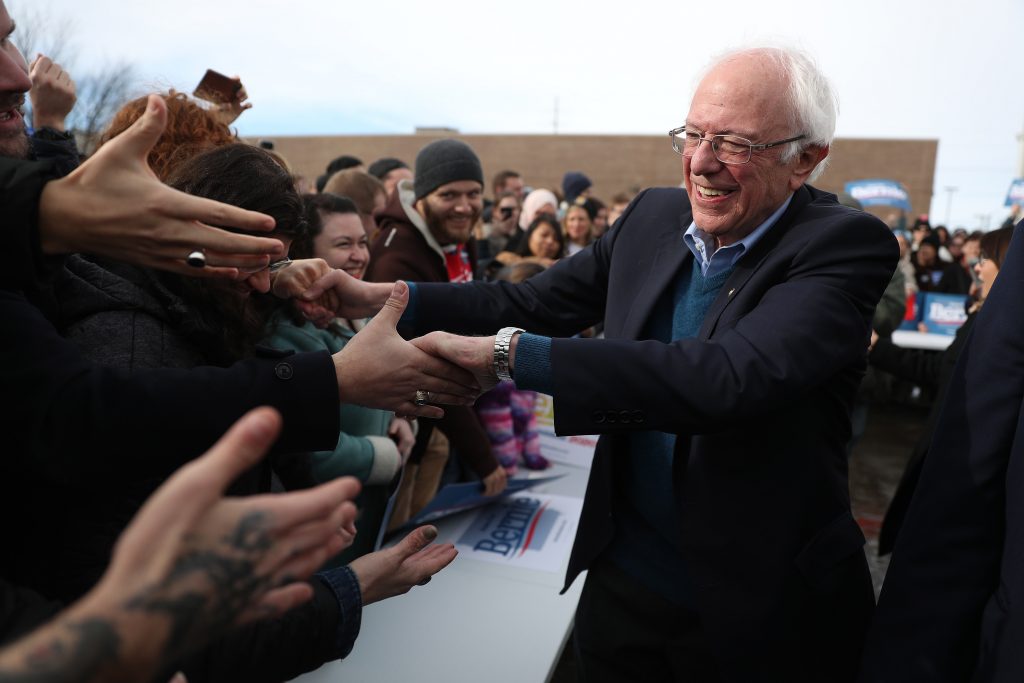 Vermont Sen. Bernie Sanders greets people at a campaign field office in Cedar Rapids, Iowa. Sanders is the slight favorite to win the caucuses, and he hopes it vaults him to the Democratic nomination. Vermont Sen. Bernie Sanders greets people at a campaign field office in Cedar Rapids, Iowa. Sanders is the slight favorite to win the caucuses, and he hopes it vaults him to the Democratic nomination. (Joe Raedle/Getty Images)