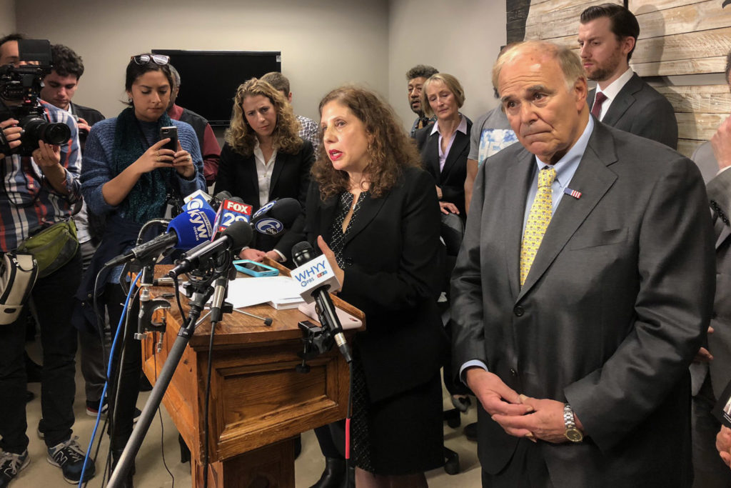 rendell-safehouse-goldfein Former Pa. Gov. Ed Rendell and Safehouse VP Ronda Goldfein (center) announce plans to open a supervised injection site in South Philadelphia (Michaela Winberg/WHYY)