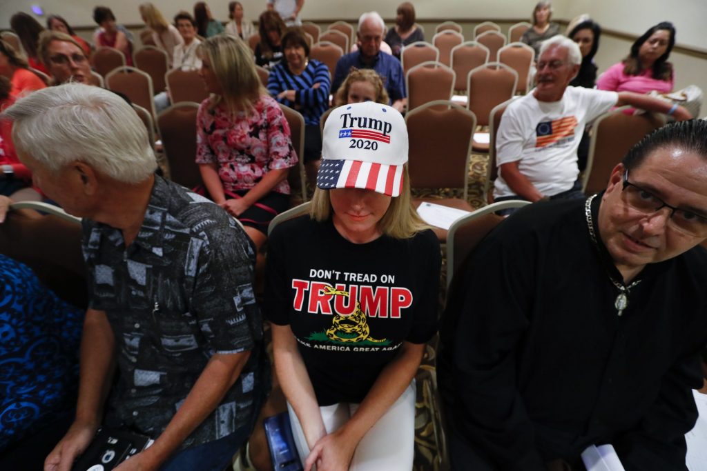 women_for_trump_national1-1920×1280 Lisa Mankiewicz sits in the audience during a training session for Women for Trump, An Evening to Empower, in Troy, Mich., Thursday, Aug. 22, 2019. (Paul Sancya/AP Photo)