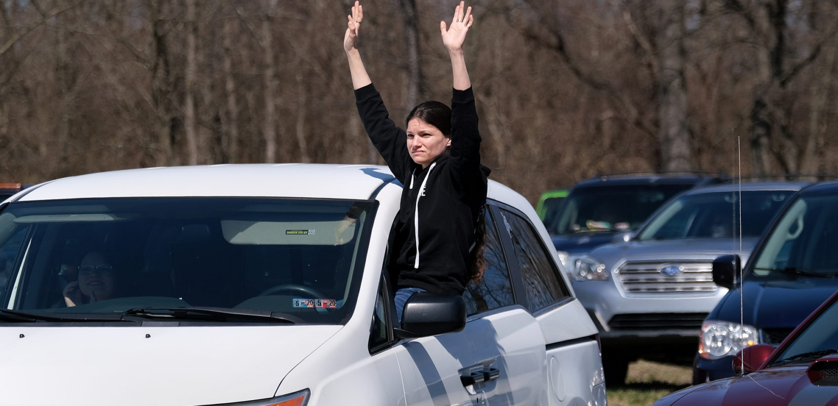 A parishioner during Bethany Wesleyan Church's Sunday worship service at Becky's Drive-In in Walnutport, Pennsylvania. (Matt Smith for Keystone Crossroads)