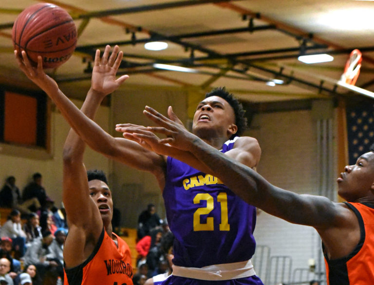 On January 21, 2020, freshman Panther D.J. Wagner, whose father and grandfather both played for Camden High and went on to the NBA, goes into action against Woodrow Wilson High School. (April Saul for WHYY)