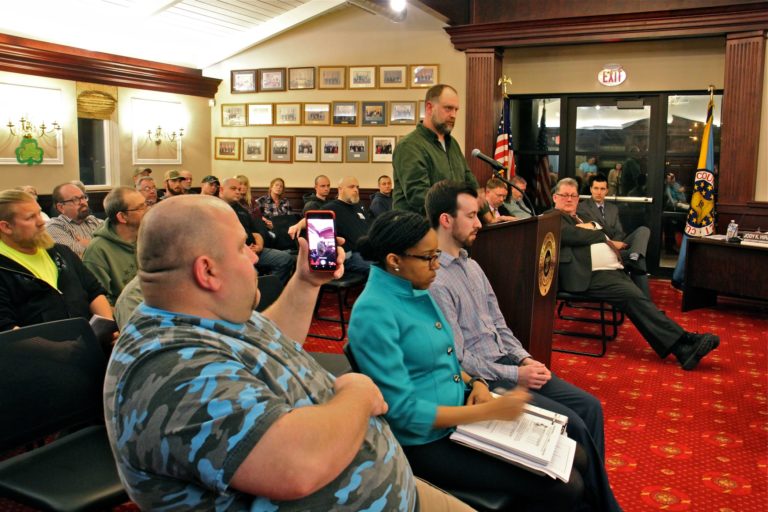 Second Amendment advocate Josh Finnical speaks during a Cumberland County freeholder meeting in support of a pro-gun rights resolution. (Emma Lee/WHYY)
