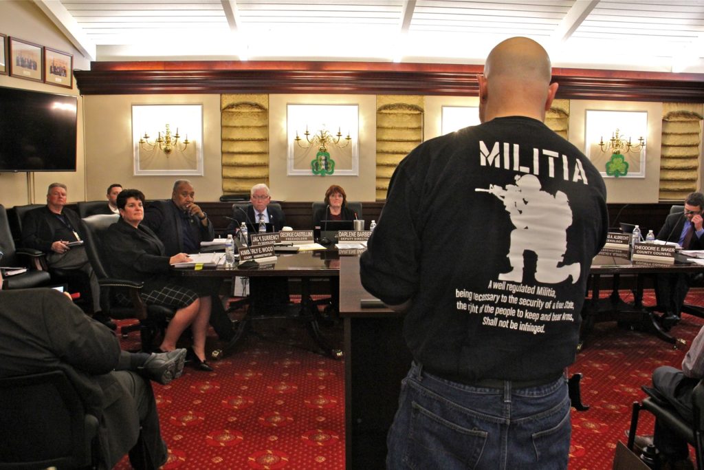 2020 02 25-e lee-ron maccri-bridgeton cumberland county freeholders-pro gun rights resolution Ron Maccri of Vineland, an advocate for a Second Amendment Sanctuary resolution makes his case to the Cumberland County freeholder board. The resolution passed with a unanimous vote. (Emma Lee/WHYY)