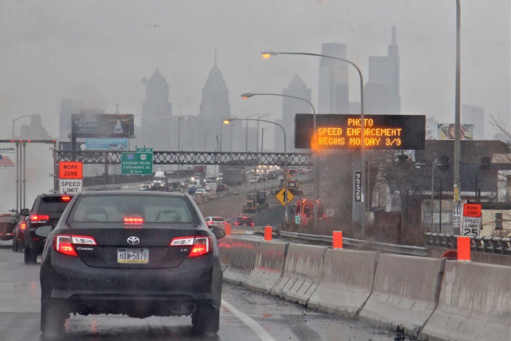 2020 03 06-e lee-philadelphia-work zone speed limit photo enforcement Motorists on I-95 in Philadelphia get notification that work zone speed limits will be enforced. (Emma Lee/WHYY)
