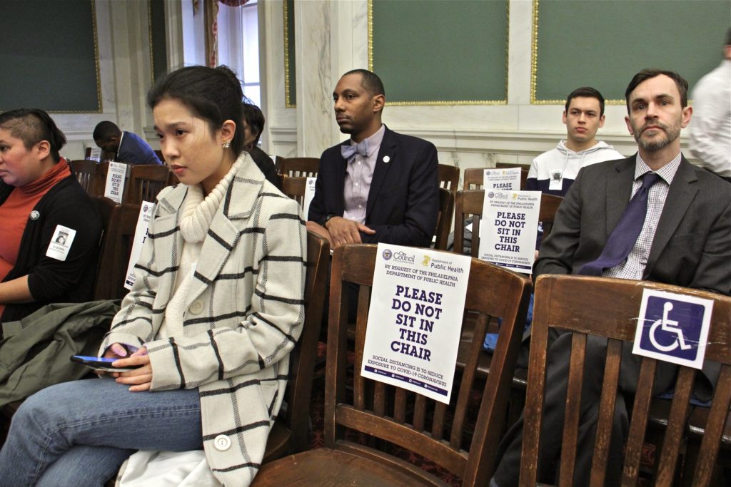 2020 03 12-e lee-philadelphia city hall-social distancing coronavirus At Philadelphia City Council meeting, attendees were tod to use every other chair to reduce the chances of exposure to coronavirus. (Emma Lee/WHYY)